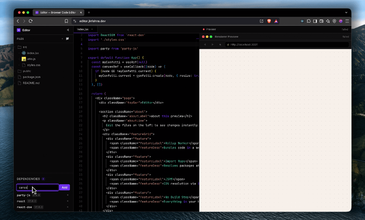typing canvas-confetti into the editor's dependency panel generates an import map and rebuilds the preview