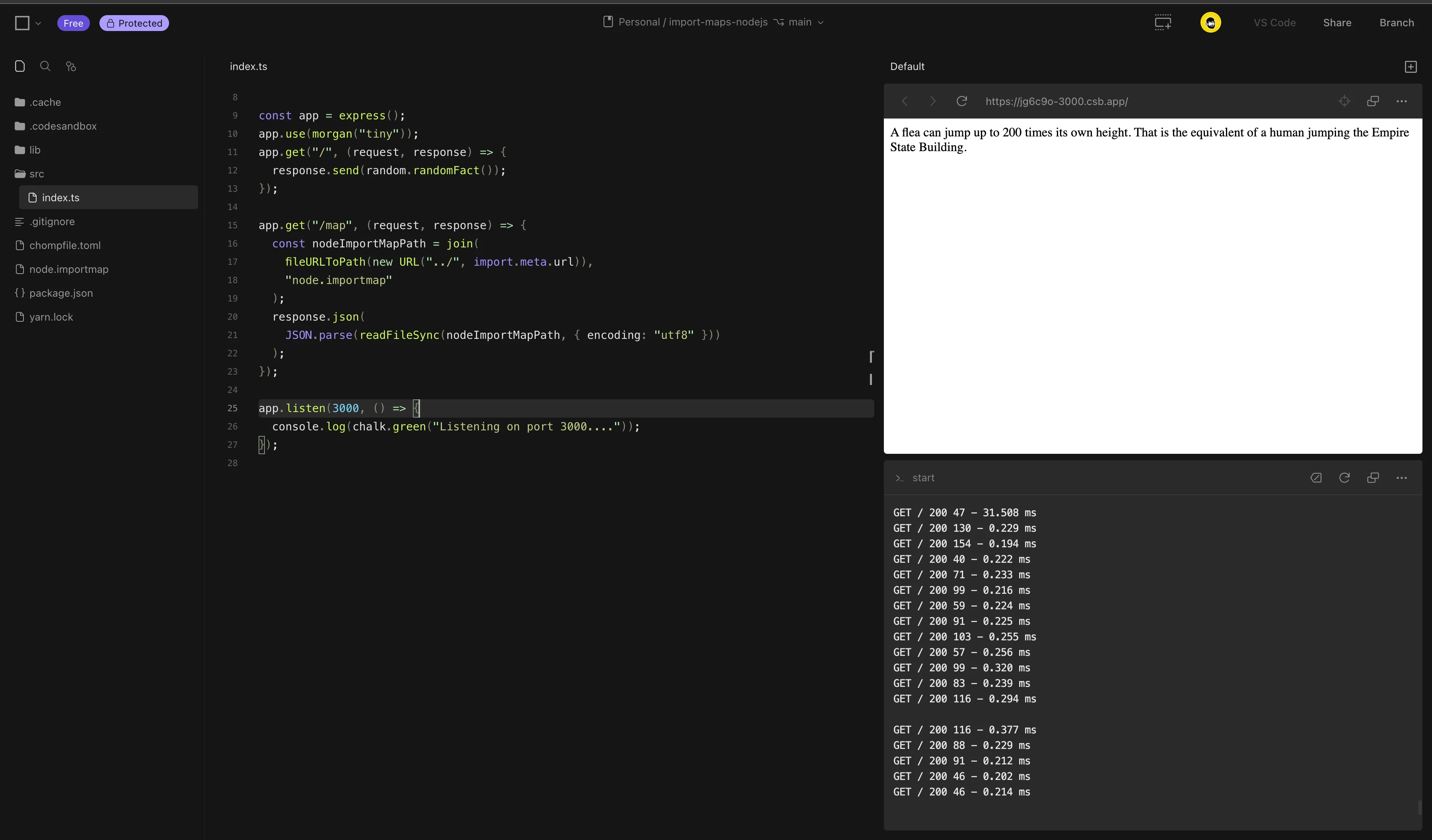 Running ImportMaps inside Nodejs using Codesandbox