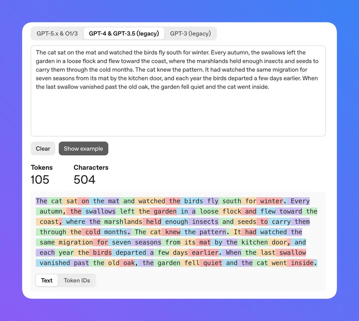 tiktoken tokenization of the example paragraph; word-initial tokens carry a leading space