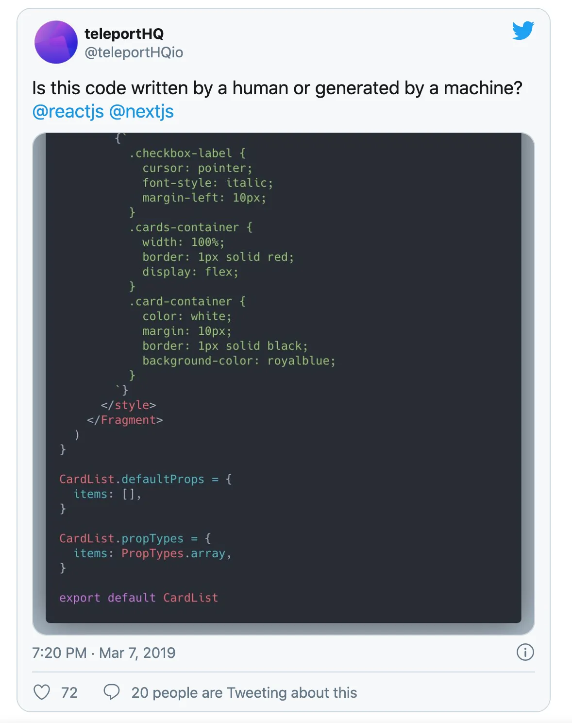 Twitter screenshot for a tweet regarding code-generators from TeleportHQ